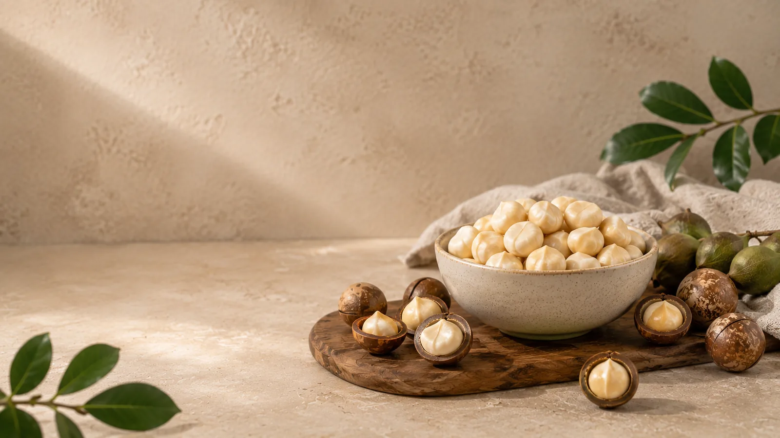 Whole macadamia kernels in a ceramic bowl with nut-in-shell, South African origin — Pasha International export