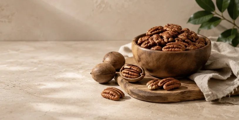 Pecan halves and nut-in-shell in a wooden bowl — South African pecans for export by Pasha International